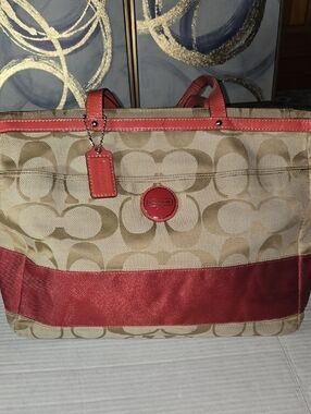 Coach Signature Canvas Tote with Coral Leather Trim